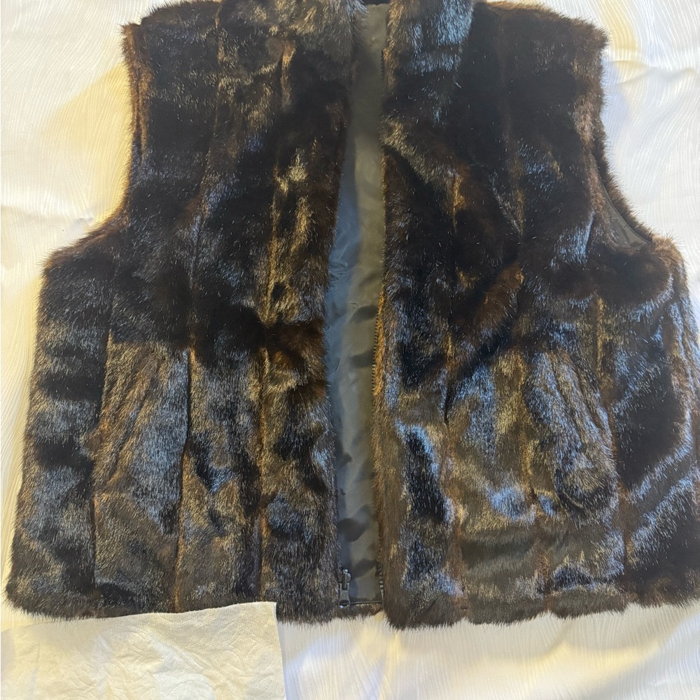 Vintage Marvin Richards Faux Fur Vest XL Brown Black Y2K Boho Old Hollywood